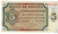 Billetes - EspaÃ±a - Estado EspaÃ±ol (1936 - 1975) - 5 ptas - 459 - SC - 1943 - Num.ref: J2706708