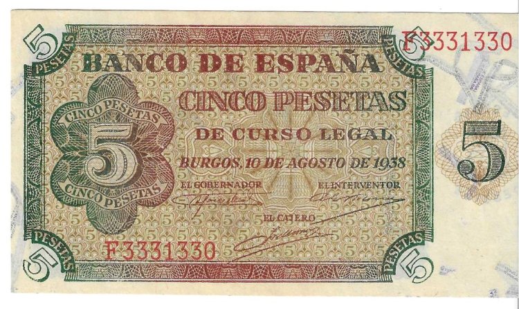 Billetes - EspaÃ±a - Estado EspaÃ±ol (1936 - 1975) - 5 ptas - 459 - SC - 1943 - Num.ref: J2706708 - Click en la imagen para cerrar
