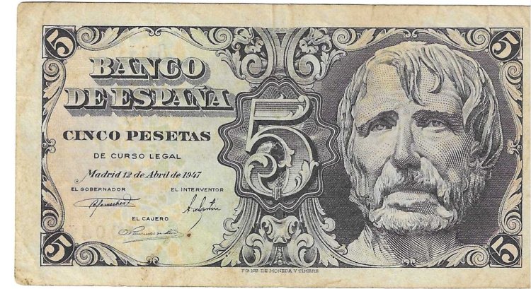 Billetes - EspaÃ±a - Estado EspaÃ±ol (1936 - 1975) - 5 ptas - 462 - MBC- - 1947 - Num.ref: 8010048 sin serie - Click en la imagen para cerrar