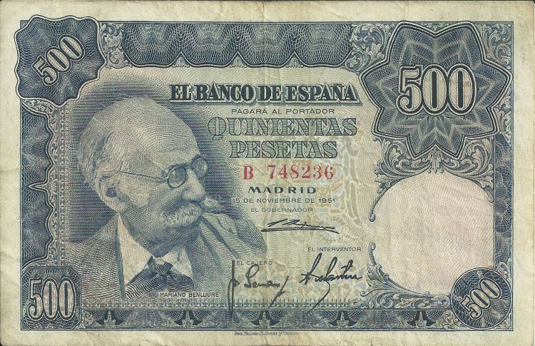 Billetes - España - Estado Español (1936 - 1975) - 500 ptas - 504 - bc+ - 15/11/1951 - ref.B748236 - Click en la imagen para cerrar