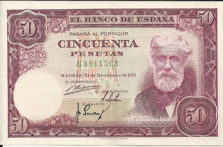 Billetes - España - Estado Español (1936 - 1975) - 50 ptas - 483 - mbc+ - 31/12/1951 - B3911562 - Click en la imagen para cerrar