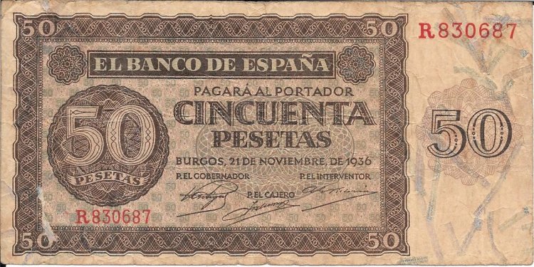 Billetes - España - Estado Español (1936 - 1975) - 50 ptas - 479 - BC+ - Año 1936 - Noviembre - num ref: R830687 - Click en la imagen para cerrar