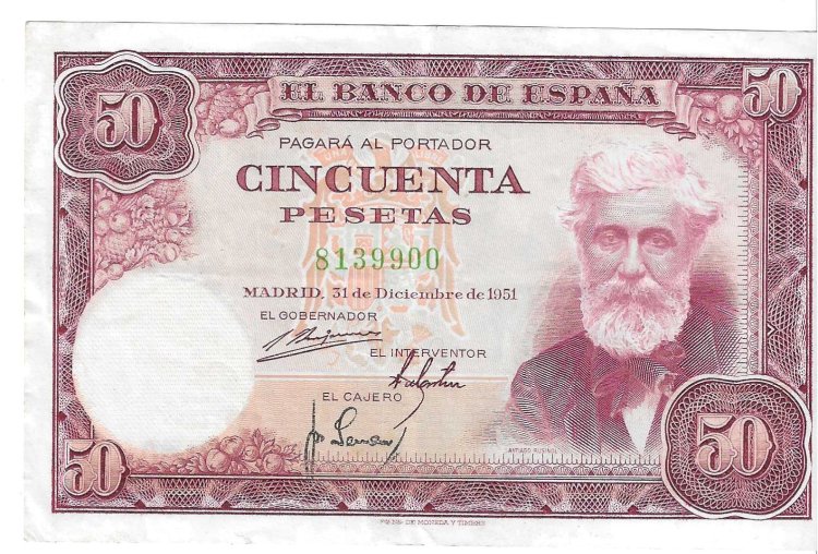 Billetes - EspaÃ±a - Estado EspaÃ±ol (1936 - 1975) - 50 ptas - 482 - MBC - 1951 - Num.ref: 8139900 - sin serie - Click en la imagen para cerrar