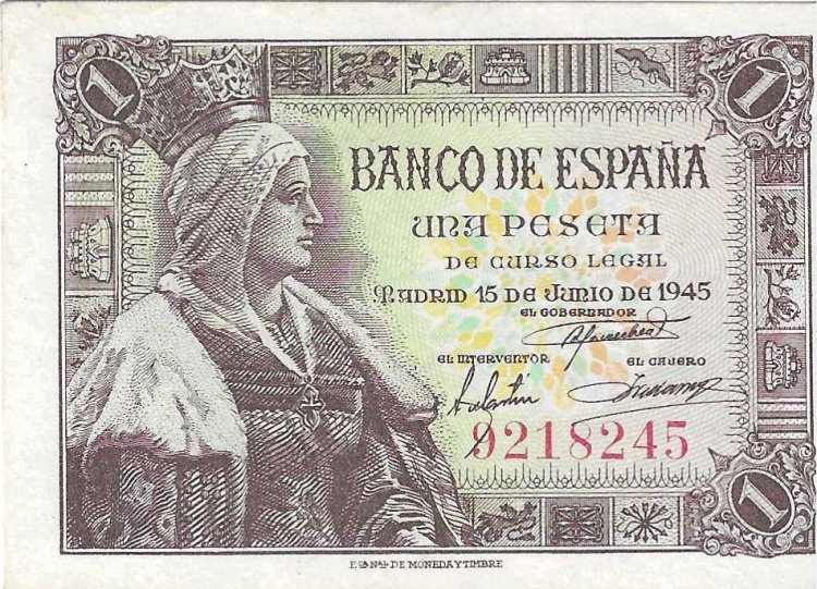Billetes - EspaÃ±a - Estado EspaÃ±ol (1936 - 1975) - 1 ptas - 440 - SC - 1945 - Num.ref: 9218245 sin serie - Click en la imagen para cerrar