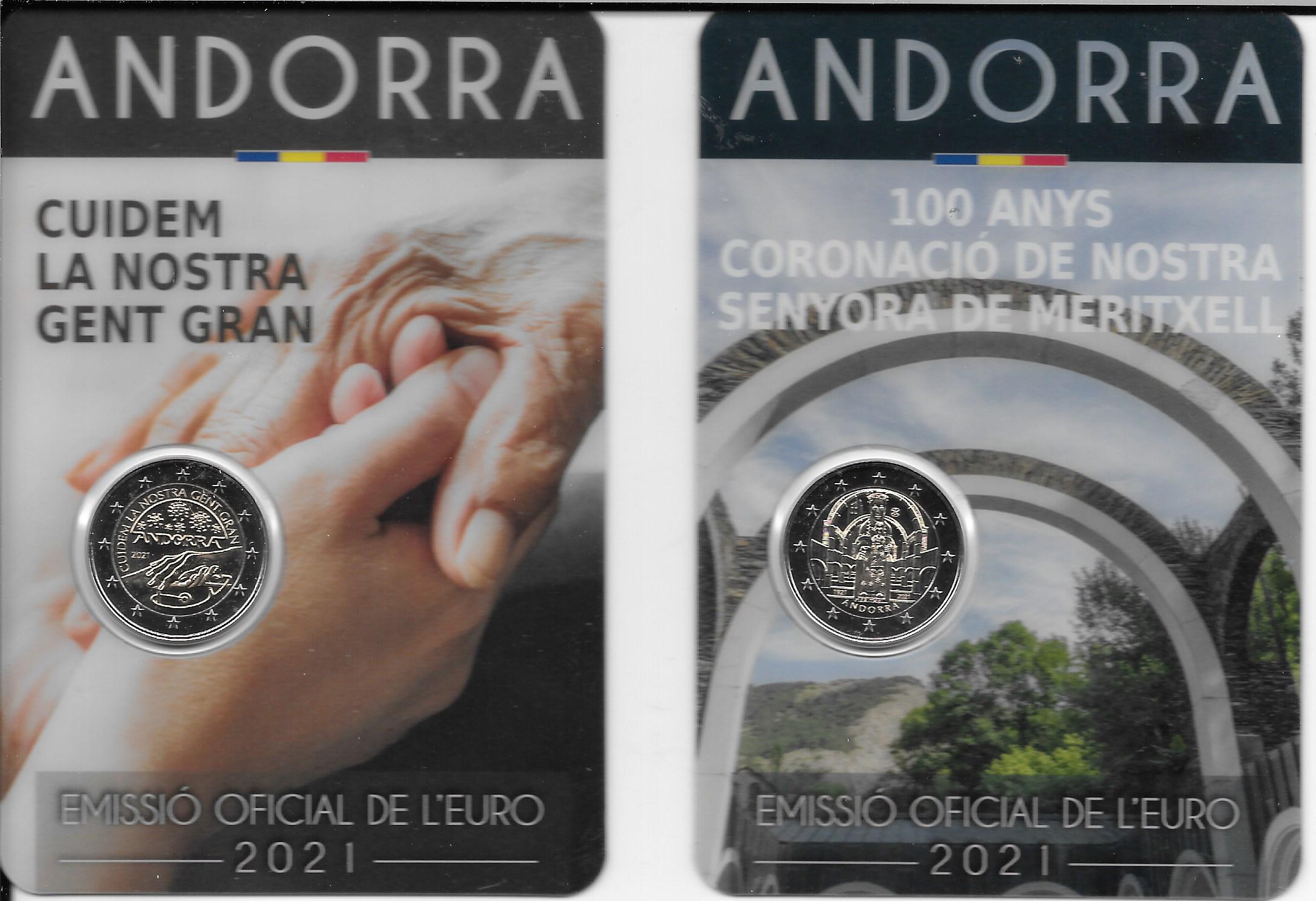 硬币 - 欧元 - 2€ - 安道尔 - SC - 2021 - 两枚硬币套装 - Cuidem la gent gran + 100º Coronación Meritxell