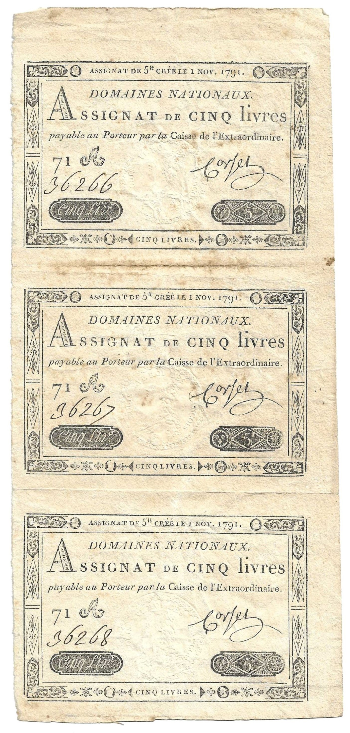 Billetes - Europa - Francia - A50 - sc - 1791 - 5 libras - Trio correlativo