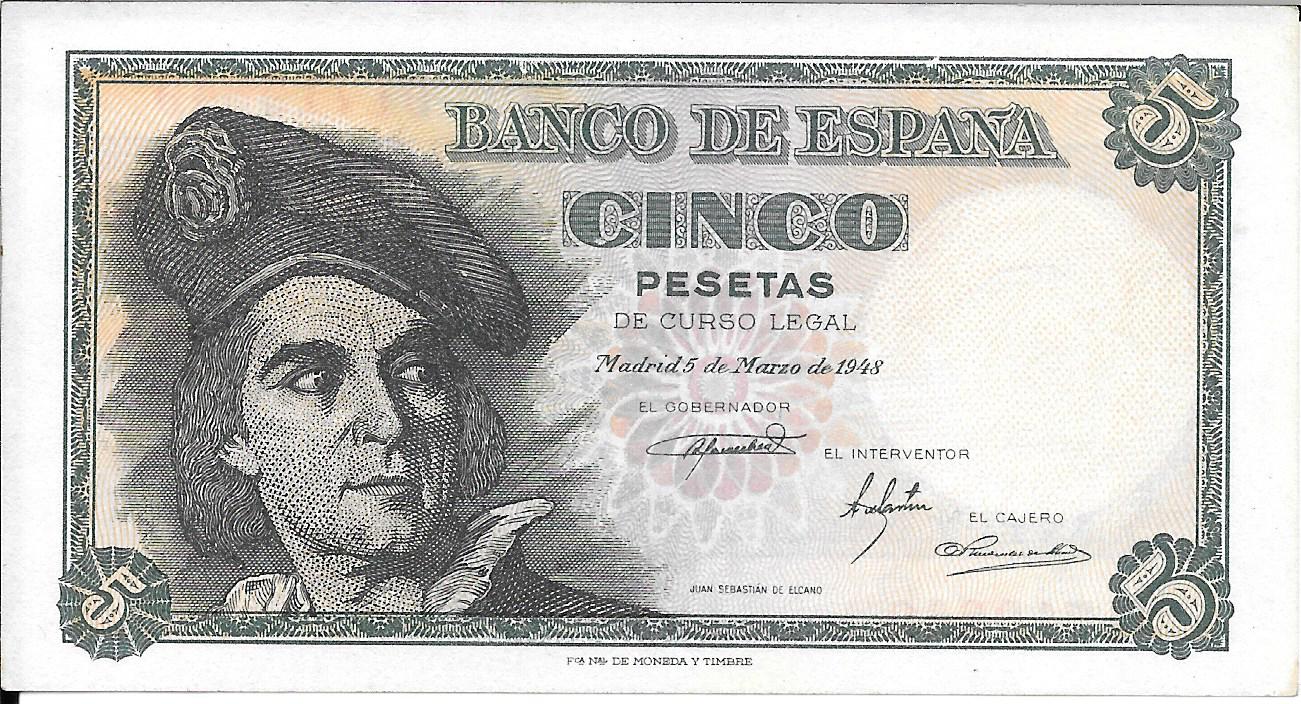 Billetes - EspaÃ±a - Estado EspaÃ±ol (1936 - 1975) - 5 ptas - 464 - sc - 1948 - 01719849 - sin serie