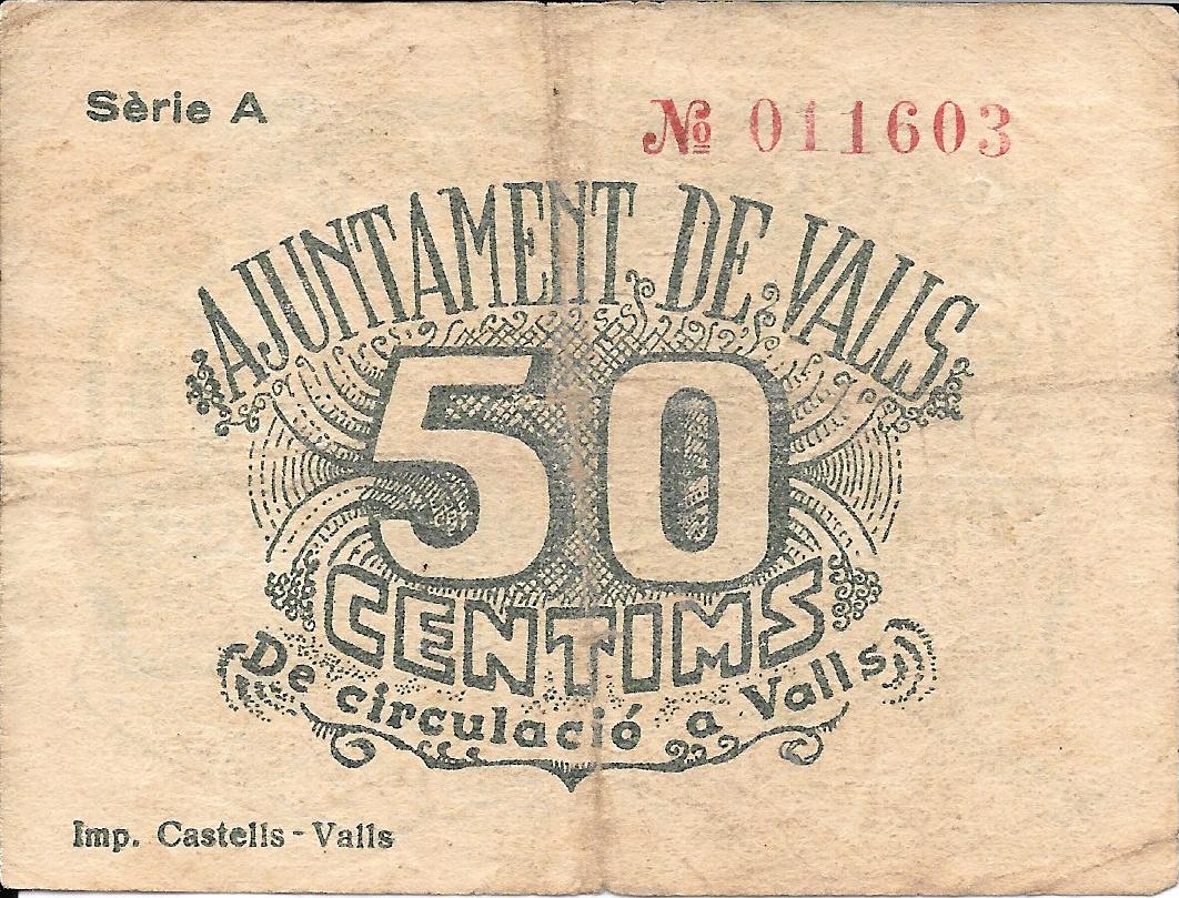 Billetes - スペイン - 第2共和政 (1931 - 1939) - 地方 - カタルーニャ - 2690 - mbc - Valls - 50 ct - Num.ref: 011603