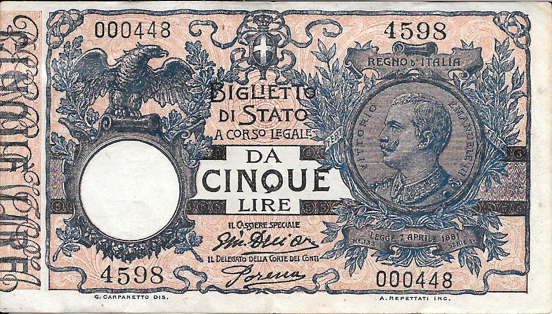 纸币 - 欧洲 - 意大利 - 23 - mbc - 1904/25 - 5 liras - Num.ref: 000448