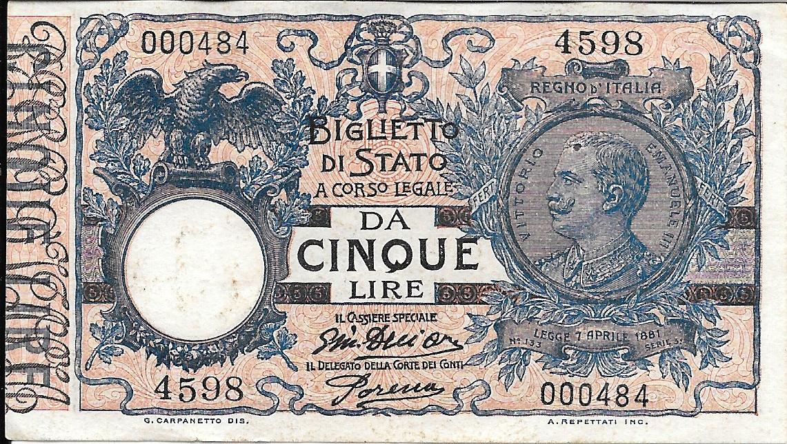 纸币 - 欧洲 - 意大利 - 23 - ebc+ - 1904/25 - 5 liras - Num.ref: 000484