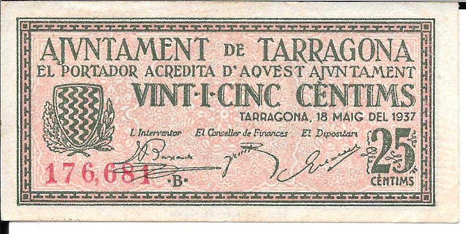 Banknoty - Hiszpania - II Republika (1931 - 1939) - Lokalne - Katalonia - 2437 - ebc - Tarragona - 25 ct - Num.ref: 176681