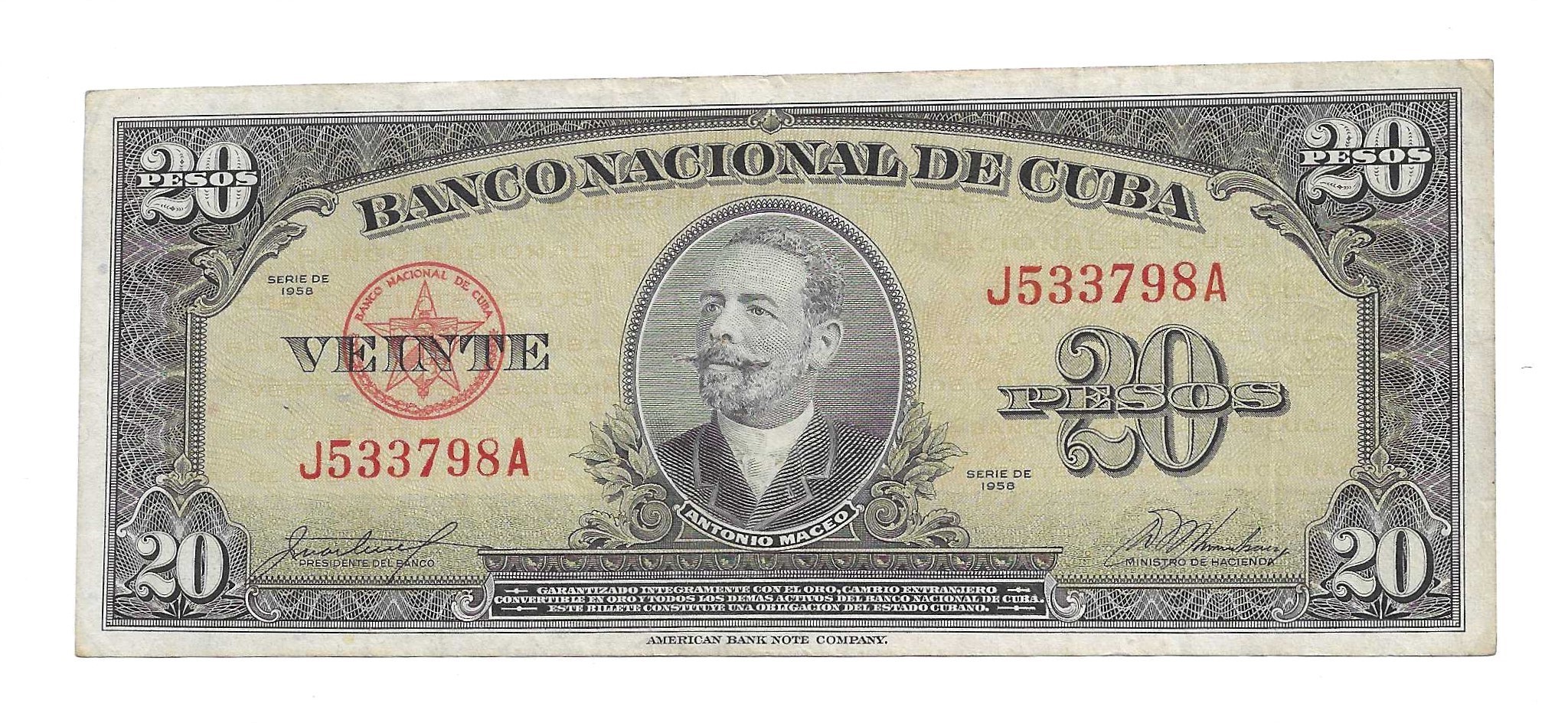 纸币 - 美洲 - 古巴 - 80b - mbc - 1958 - 20 比索 - Num.ref: J533798A