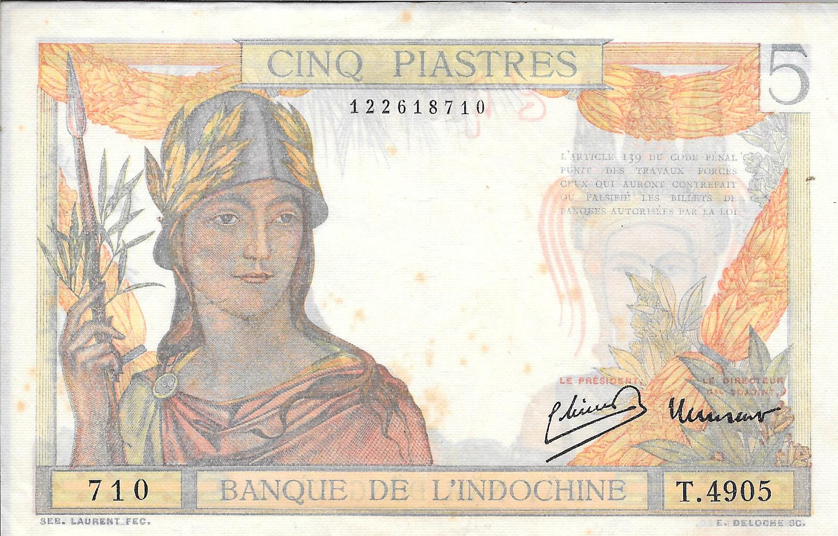 Billetes - Europa - Francia - 55c - mbc+ - 5 piastras - Num.ref: 4905 - Indochina Francesa
