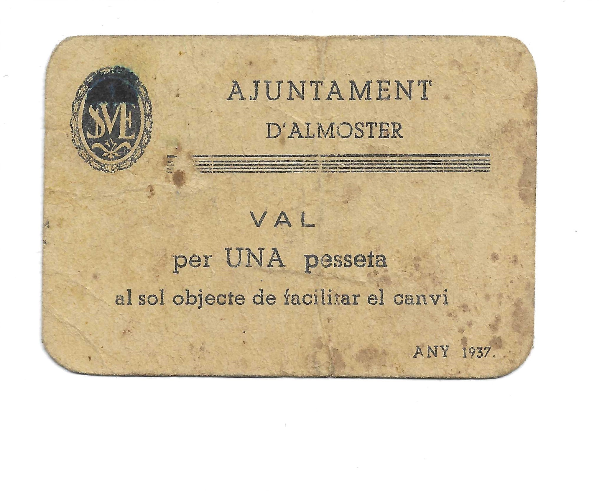 紙幣 - スペイン - 第二共和政 (1931 - 1939) - 地方 - カタルーニャ - 170a - 1937 - Almoster - ペセタ