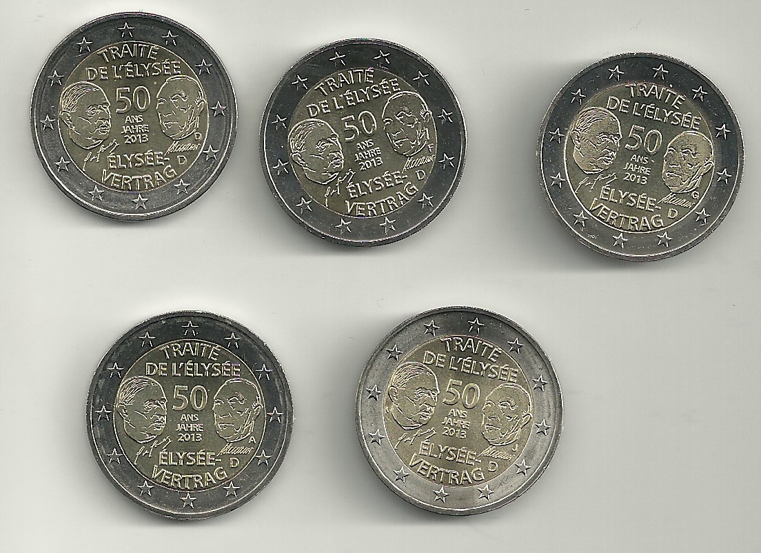 Monedas - Euros - 2E - Alemania - SC - Año 2013 - Tratado franco-aleman - Conjunto de 5 monedas