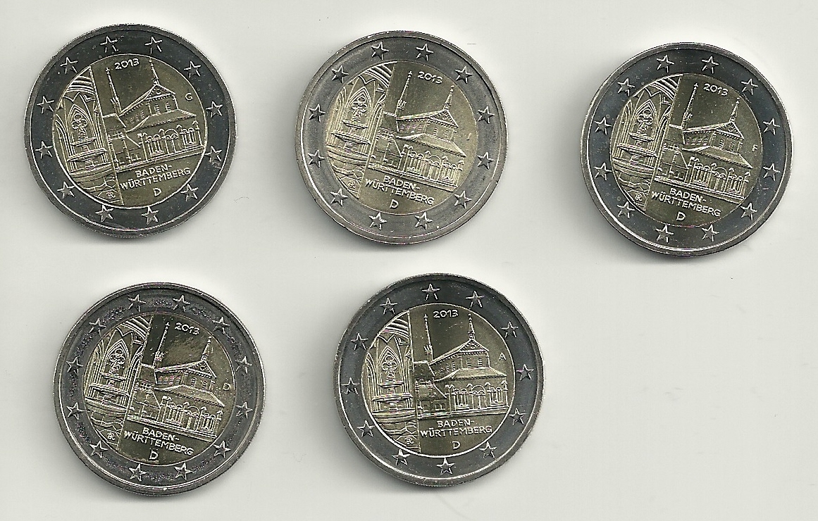 Monedas - Euros - 2E - Alemania - SC - Año 2013 - Baden-Wurttemberg - Conjunto de 5 monedas
