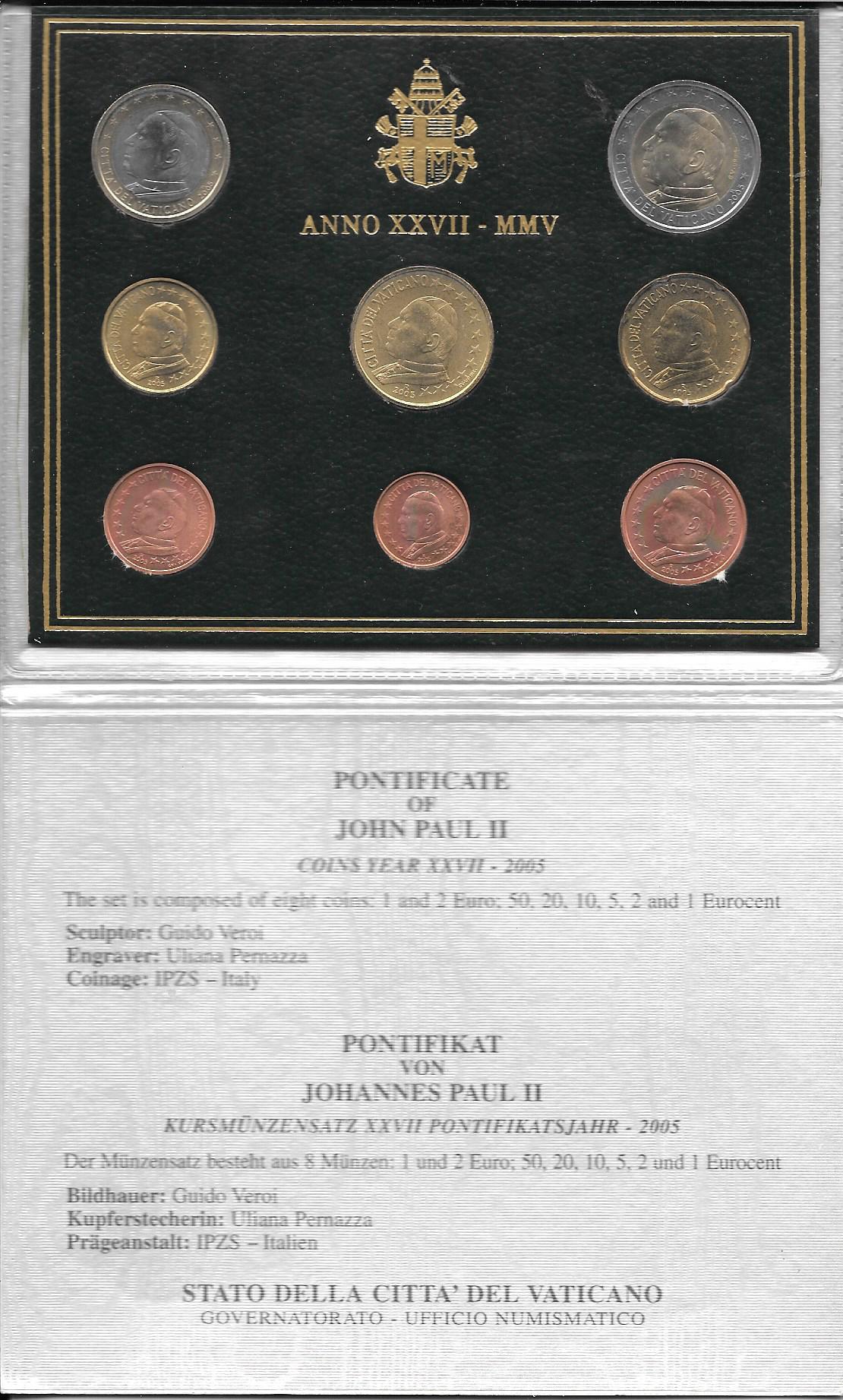 Monedas - Euros - Estuches Oficiales - Vaticano - Año 2005 - Juan Pablo II - Colección anual 8 monedas
