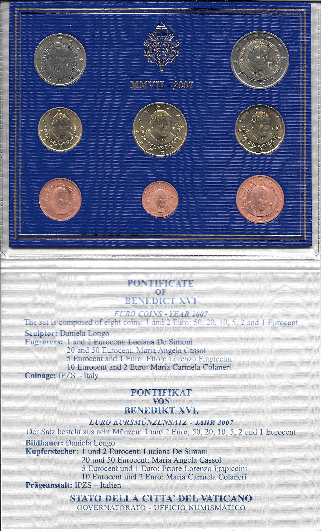 Monedas - Euros - Estuches Oficiales - Vaticano - Año 2007 - Benedicto XVI - Colección anual 8 monedas