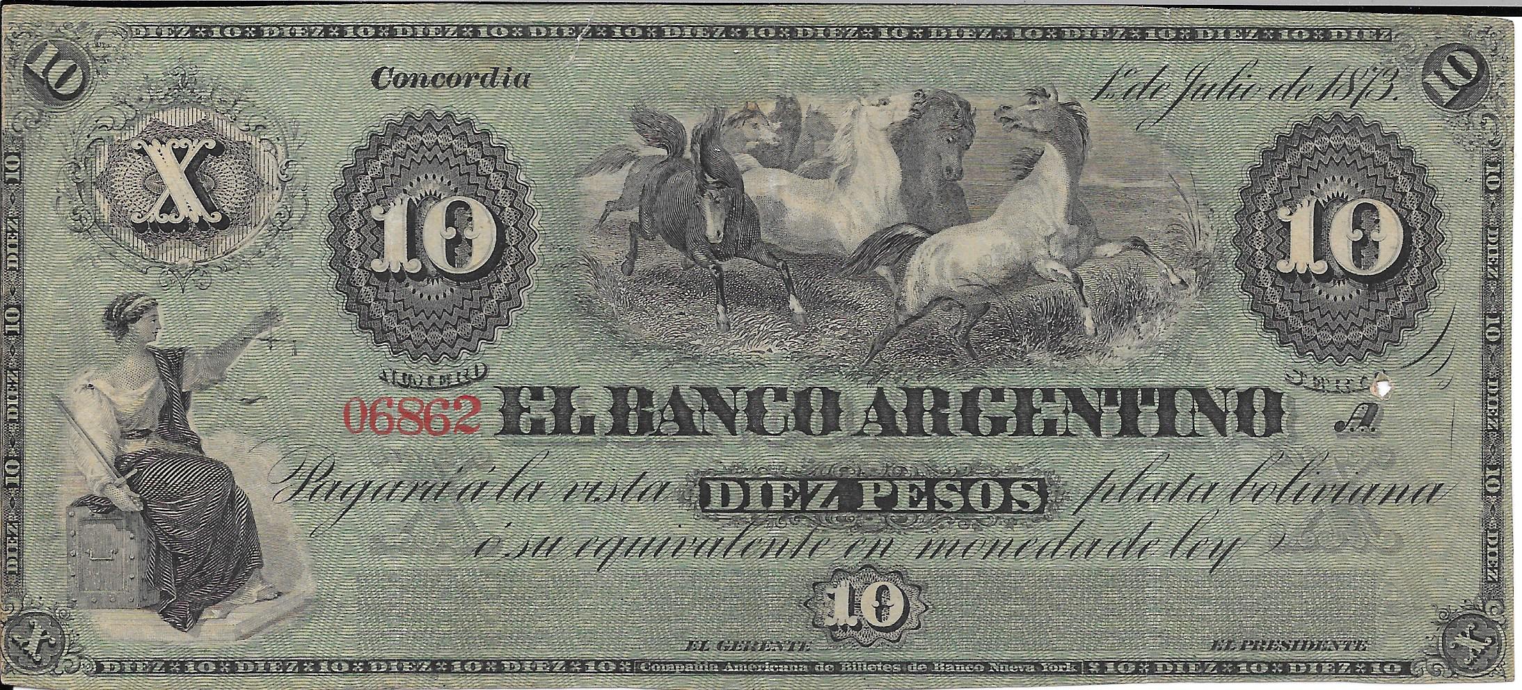 Billetes - America - Argentina - S1461 - MBC+ - 1873 - 10 Pesos - Concordia - num ref:06862A