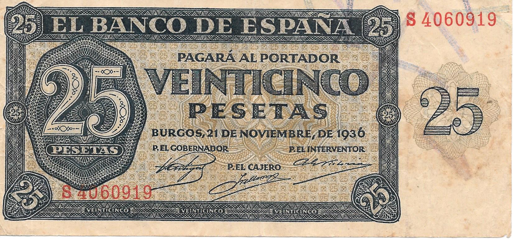 Billetes - EspaÃ±a - Estado EspaÃ±ol (1936 - 1975) - 25 ptas - 472 - MBC+ - 1936 - num ref:S4060919