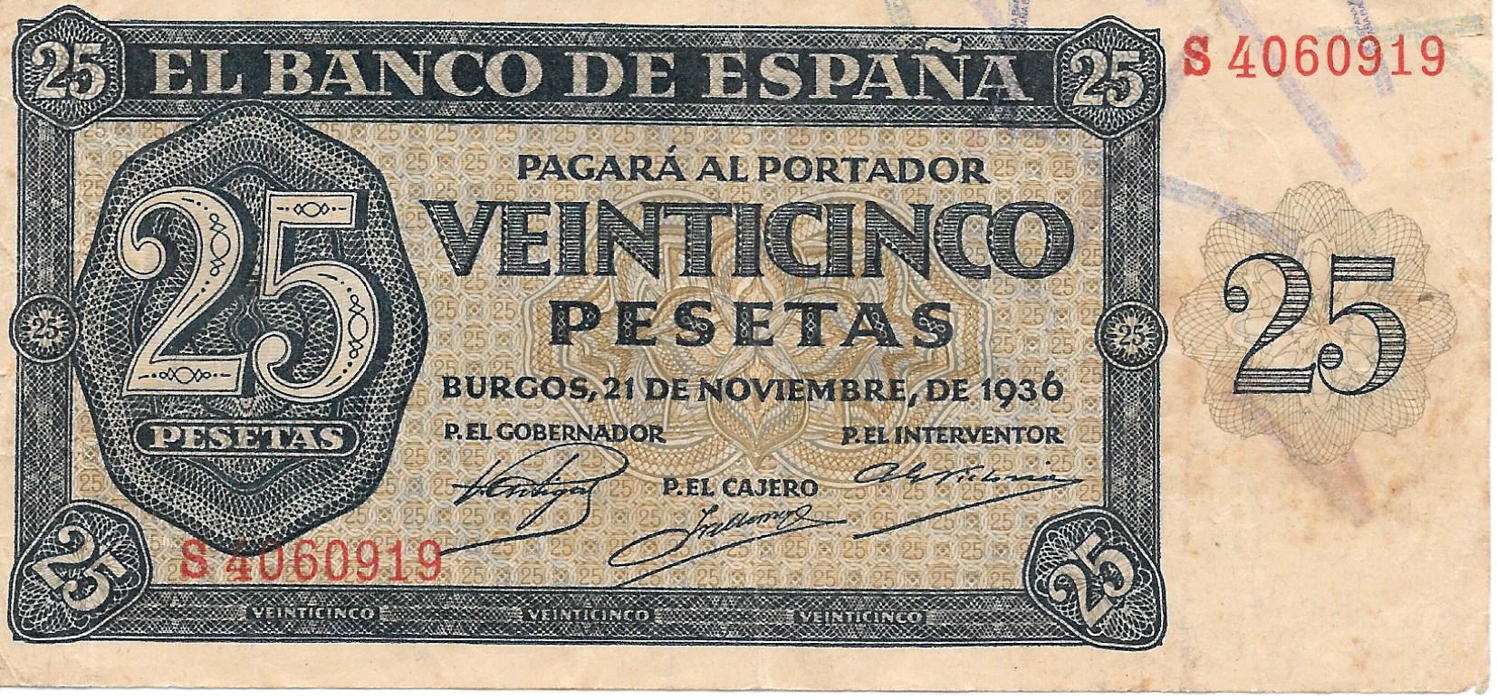 Billetes - España - Estado Español (1936 - 1975) - 25 ptas - 472 - MBC+ - 1936 - num ref:S4060919