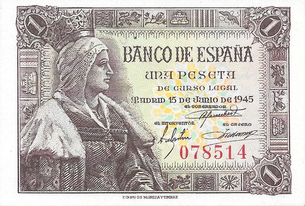 Billets - Espagne - État Espagnol (1936 - 1975) - 1 ptas - 440 - S/C - 1945 - num ref:078514