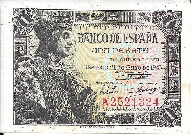 Billetes - EspaÃ±a - Estado EspaÃ±ol (1936 - 1975) - 439 - ebc - 1943 - 1 pta - num. ref: N2521324 - Click en la imagen para cerrar