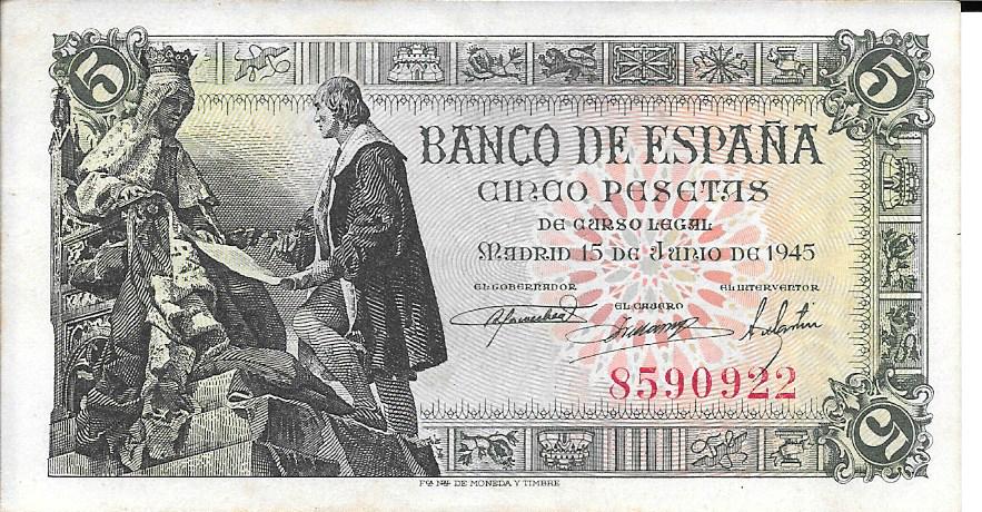 Billetes - EspaÃ±a - Estado EspaÃ±ol (1936 - 1975) - 5 ptas - 460 - ebc+ - 1945 - 5 pts - num. ref: 85909222