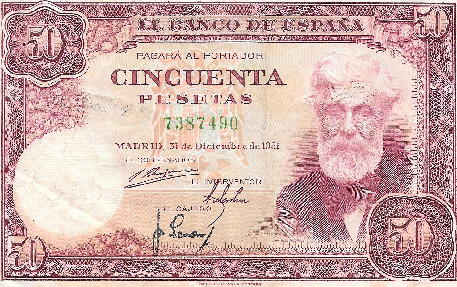Billetes - EspaÃ±a - Estado EspaÃ±ol (1936 - 1975) - 50 ptas - 482 - mbc - Num.ref: 7387490 - sin serie