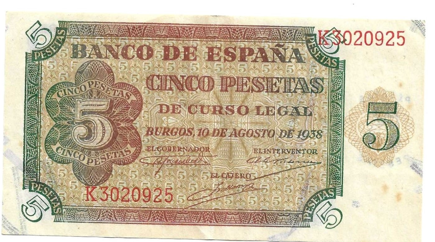 Banknotes - Spain - Spanish State (1936 - 1975) - 5 ptas - 454 - mbc+ - 1938 - 5 pesetas - Num.ref: K3020925