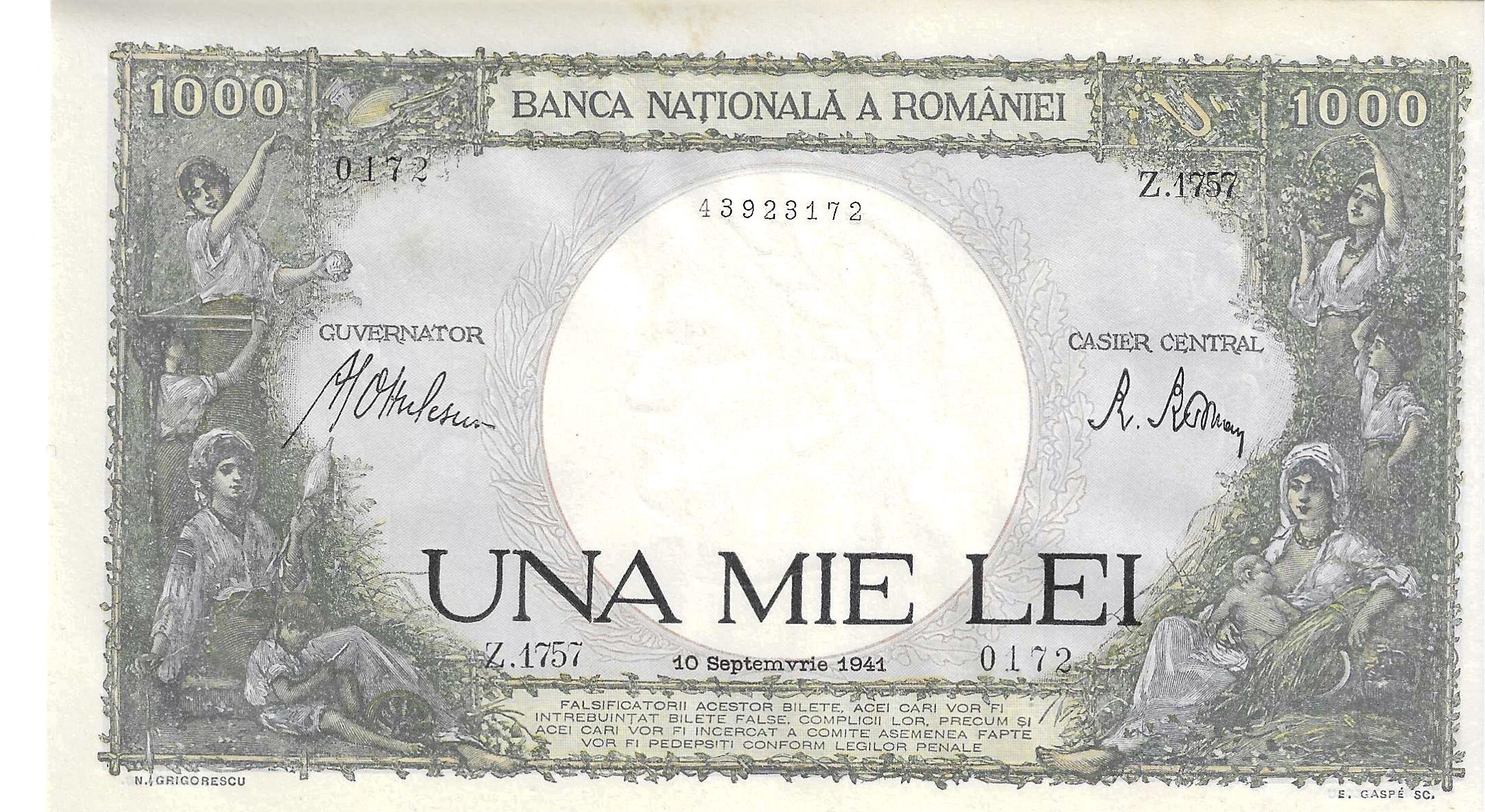 Billetes - Europa - Rumania - 52 - EBC - 1941 - 1000 lei - Num.ref: Z1757