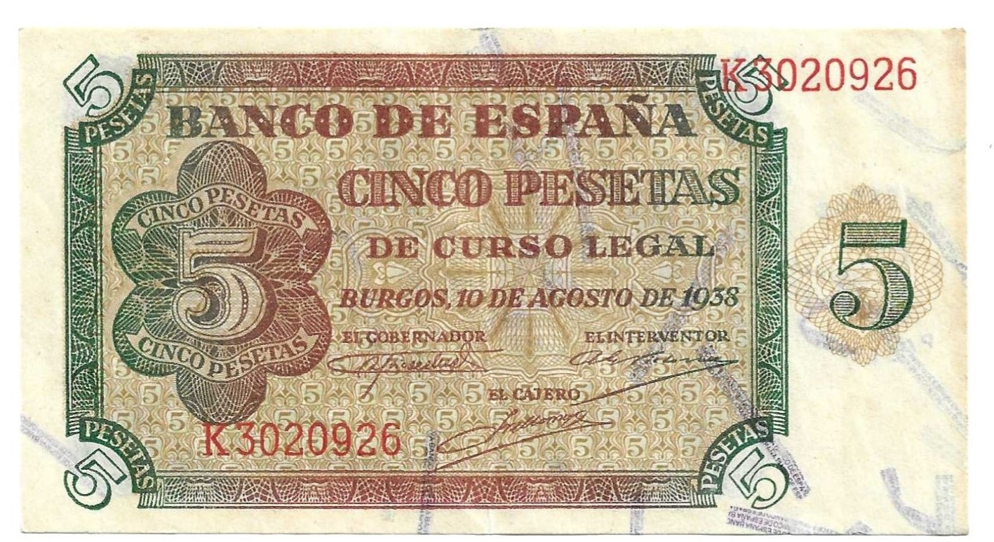 Banknotes - Spain - Spanish State (1936 - 1975) - 5 ptas - 454 - mbc+ - 1938 - 5 pesetas - Num.ref: K3020926