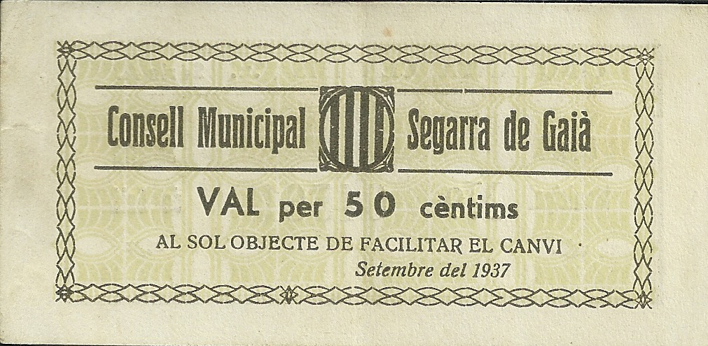 Billetes - España - II República (1931 - 1939) - Locales - Cataluña - EBC - Segarra de Gaià - Año 1937 - 50 Cts