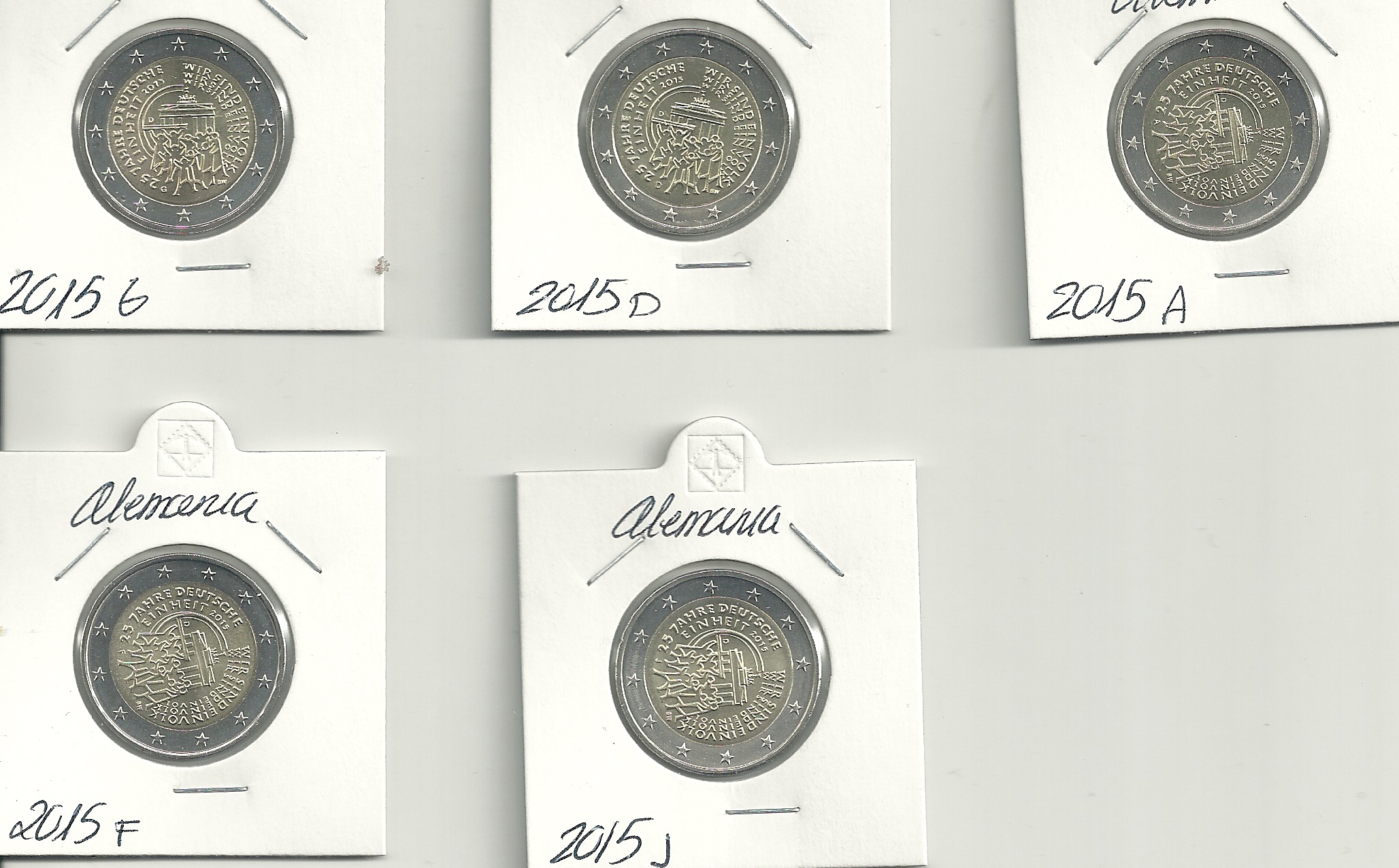 <div>Monedas - Euros - 2€ - Alemania - Año 2015 - 25º Anviersario de la Reunificación - Conjunto de 5 cecas</div>