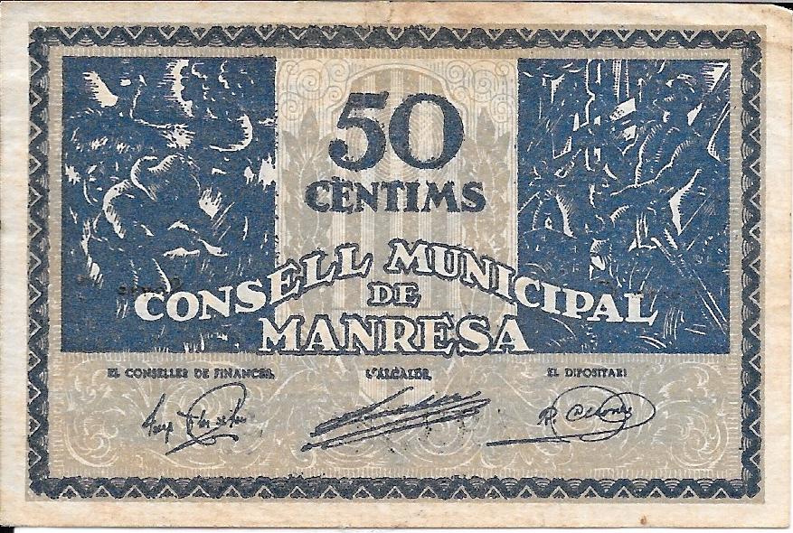 Billetes - España - II República (1931 - 1939) - Locales - Cataluña - 1421 - mbc - 1937 - Manresa - 50 ct - Num.ref: 133551