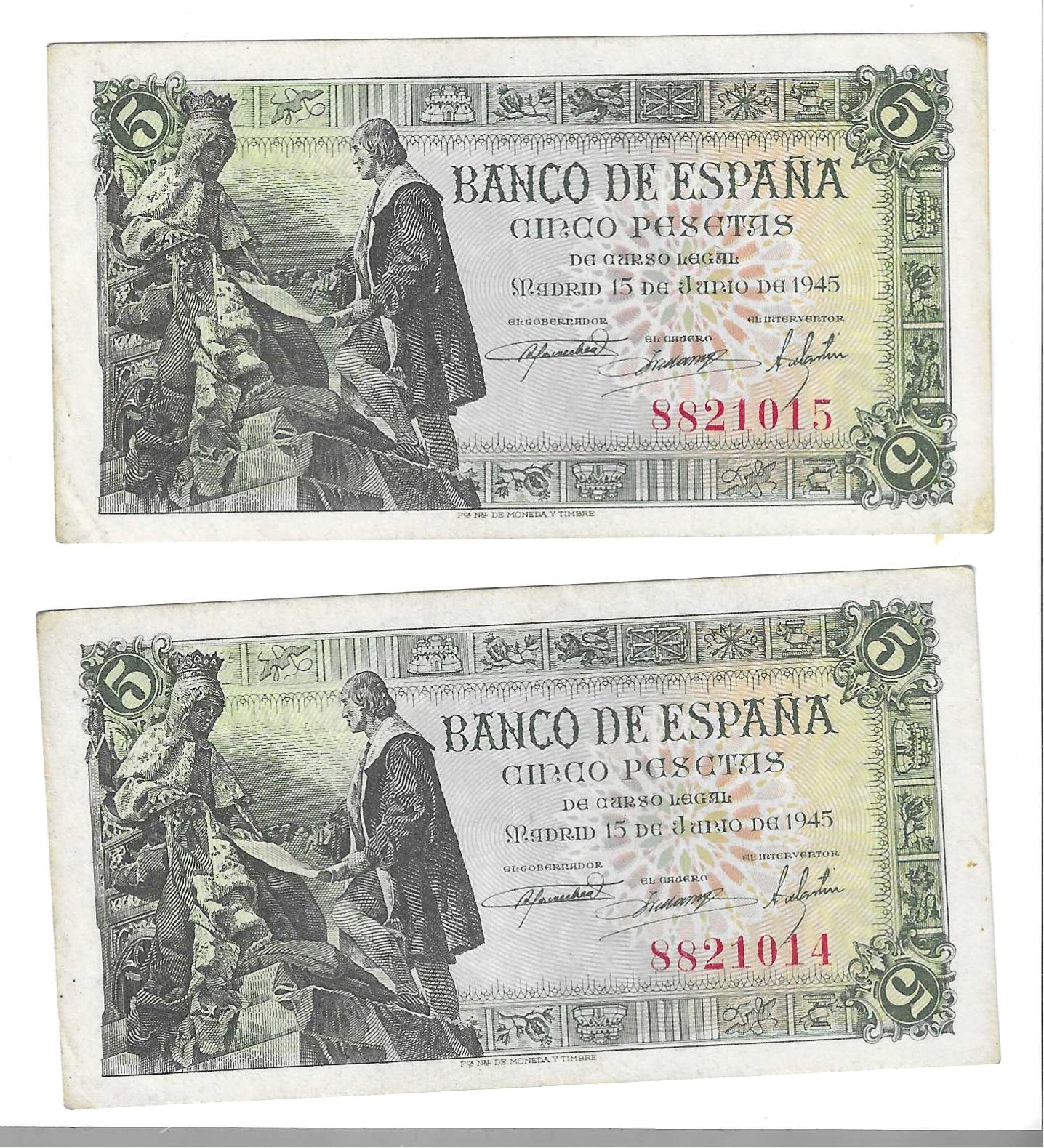 Banknotes - Spain - Spanish State (1936 - 1975) - 5 ptas - 461 - MBC+ - 1945 - Consecutive pair - Num.ref: 8821015-8821014 - no series