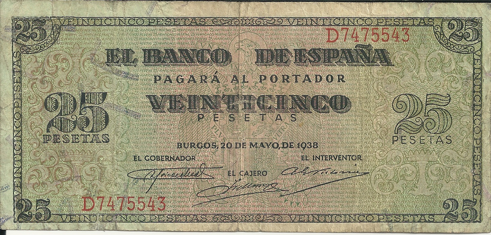 Billetes - España - Estado Español (1936 - 1975) - 25 ptas - 473 - MBC- - Año 1938 (20/05/1938) - num ref: D7475543
