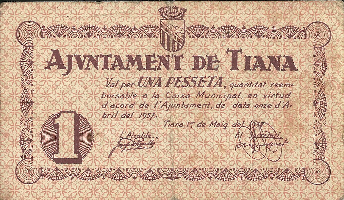 Billetes - España - II República (1931 - 1939) - Locales - Cataluña - mbc - Tiana - Año 1937 - ref: 01137 - 1 peseta
