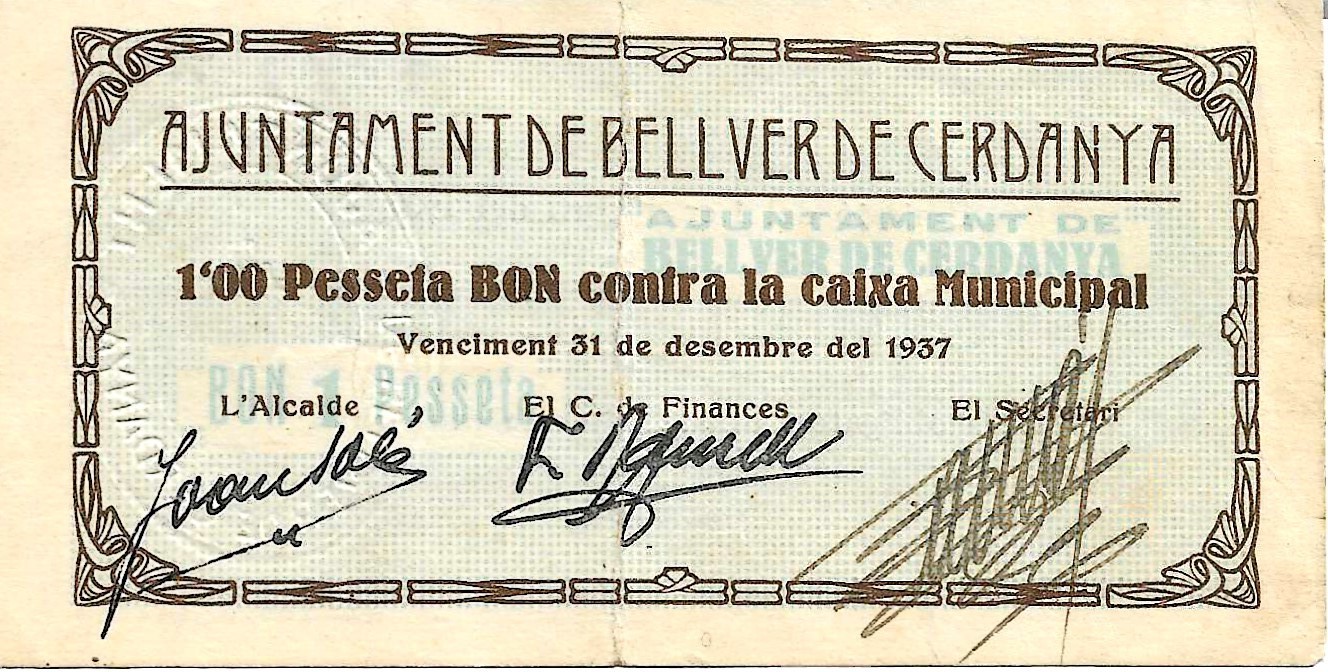 Billetes - España - II República (1931 - 1939) - Locales - Cataluña - 391 - mbc+ - Bellver Cerdanya - 1 peseta - Num.ref: 1224