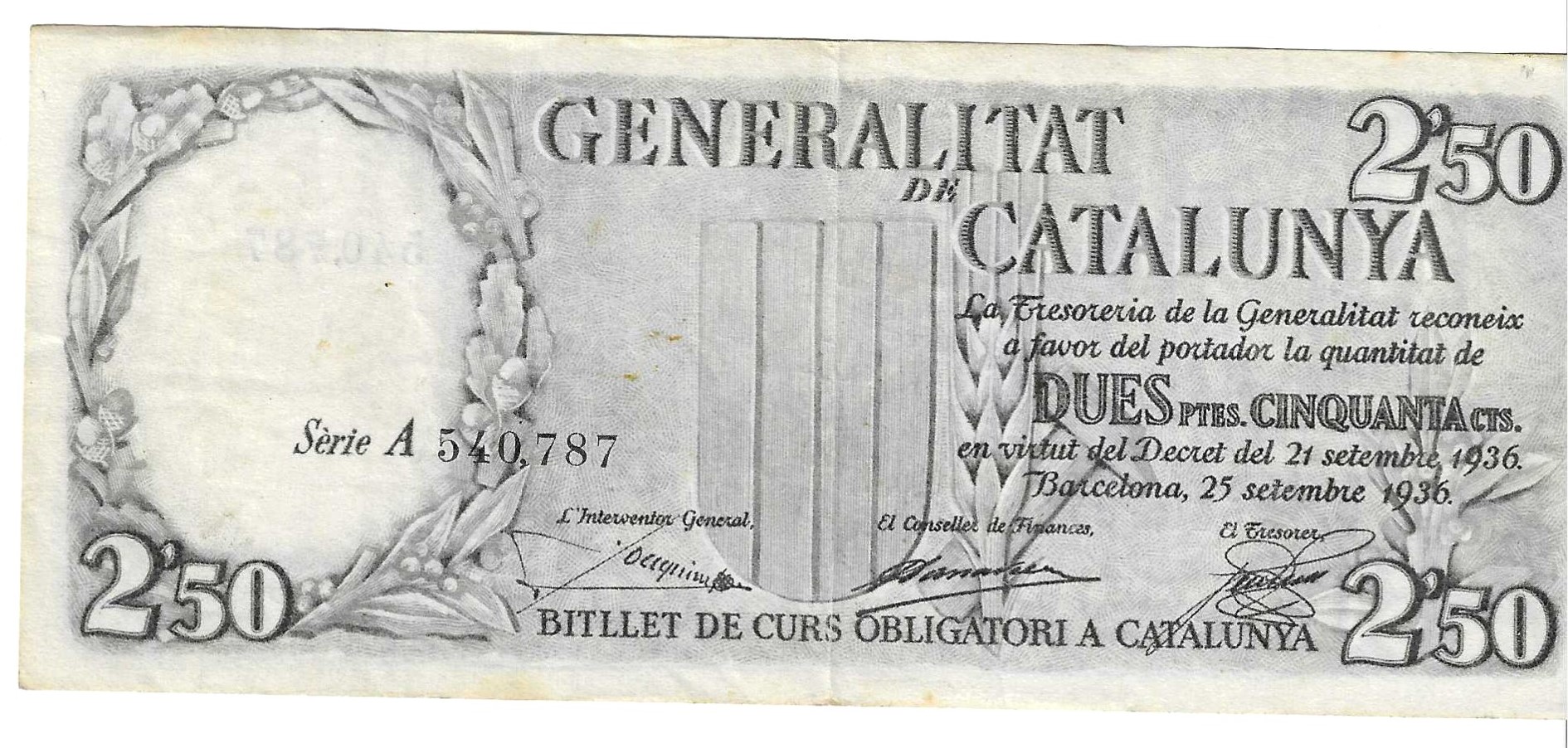 Banknotes - Spain - II Republic (1931 - 1939) - Generalitat de Catalunya - 422 - MBC+ - 1936 - 2.5 pesetas - Num.ref: A540787
