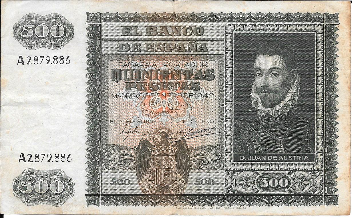 Bitllets - Espanya - Estat Espanyol (1936 - 1975) - 500 ptes - 500 - MBC- - Any 1940 - Gener - num ref: A2879886