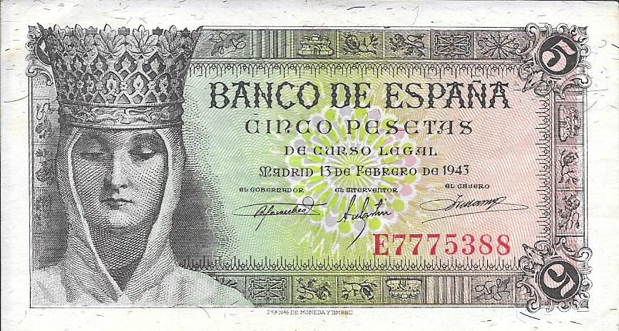 Bitllets - Espanya - Estat Espanyol (1936 - 1975) - 5 ptes - 459 - EBC - Any 1943 - num ref: E7775388