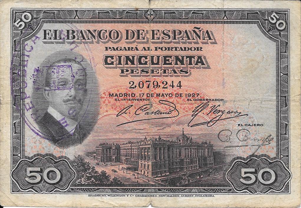 Bitllets - Espanya - Alfons XIII (1886 - 1931) - 362 - Bc+ - Any 1927 - 50 pessetes - ref: 2079244 - Amb segell de la República