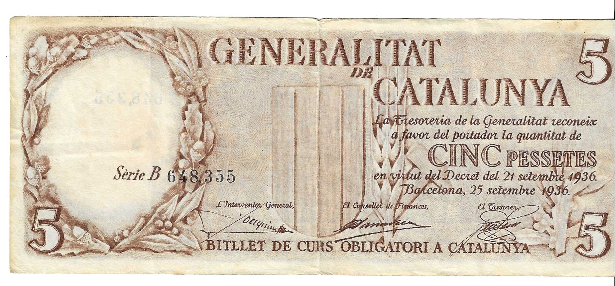 Banknotes - Spain - II Republic (1931 - 1939) - Generalitat de Catalunya - 423 - MBC+ - 1936 - 5 pesetas - Num.ref: B648355