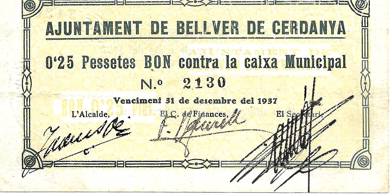 Billetes - España - II República (1931 - 1939) - Locales - Cataluña - 394 - ebc+ - Bellver Cerdanya - 0,25 peseta - Num.ref: 2130