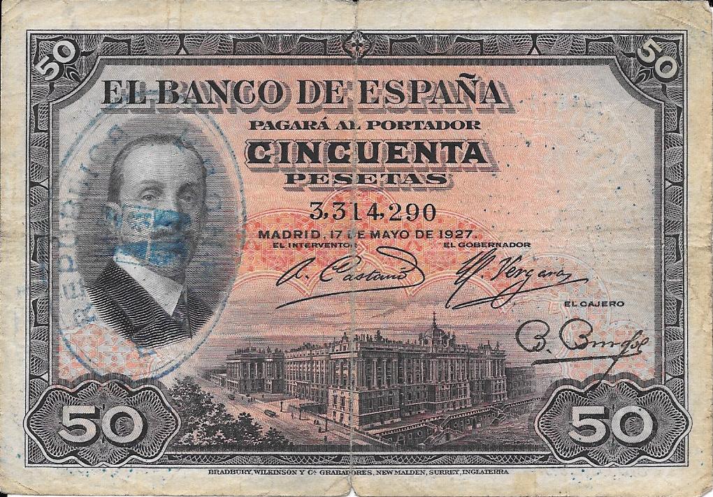 Bitllets - Espanya - Alfons XIII (1886 - 1931) - 382 - bc+ - Any 1927 - 50 pessetes - ref:3314290