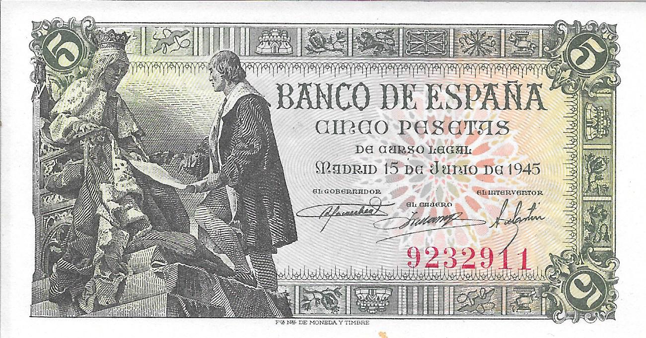 Billetes - EspaÃ±a - Estado EspaÃ±ol (1936 - 1975) - 5 ptas - 460 - SC - 1945 - 9232911 - sin serie