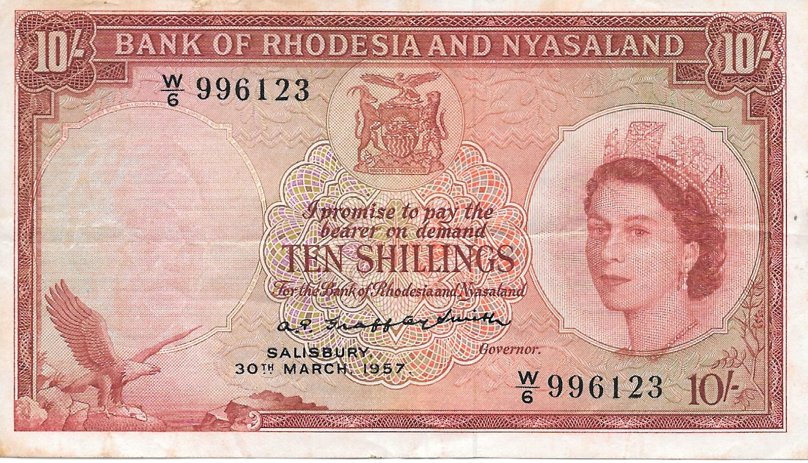 Billetes - Africa - Rhodesia - 20 - MBC- - Año 1957 - 10 Shillings - num ref: 996123