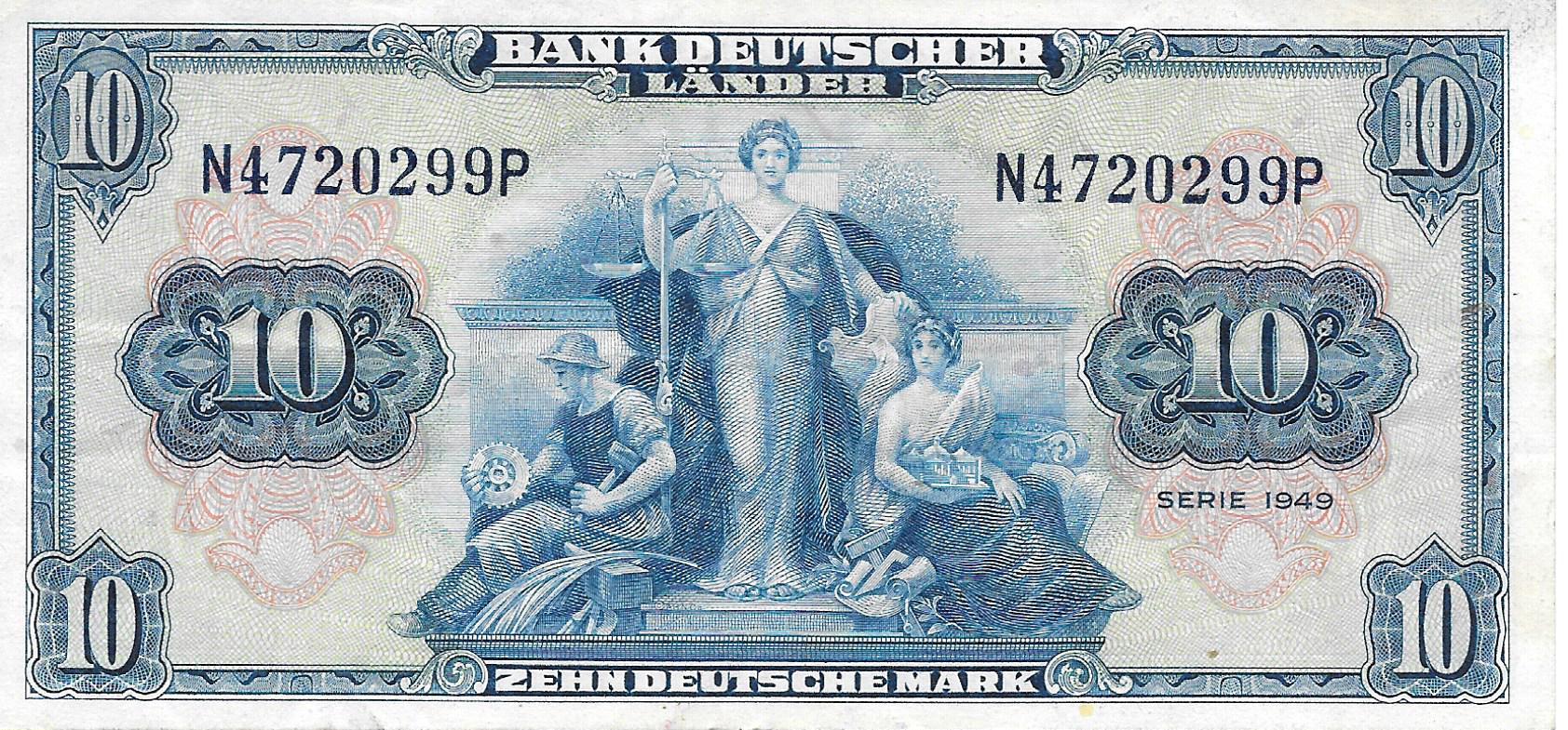 Banknotes - Europe - Germany - 16 - MBC+ - Year 1949 - 10 Deutsche Mark - num ref: N4720299P