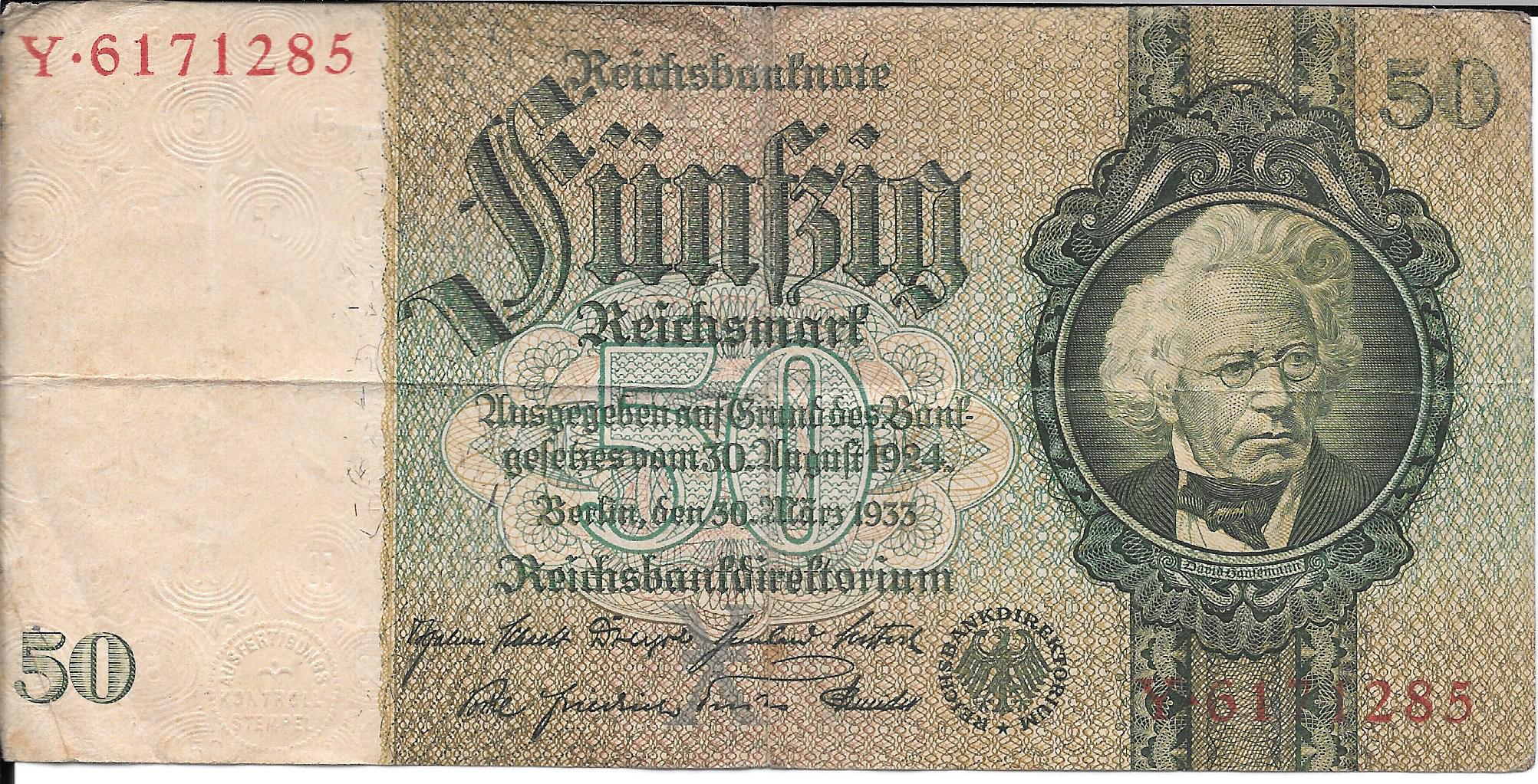 Banknotes - Europe - Germany - 182 - MBC- - Year 1933 - 50 RM - num ref: 6171285